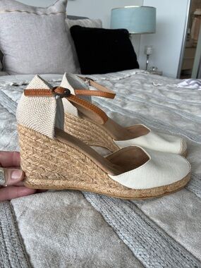 White Mountain Cream Canvas Espadrille Wedge with Tan Ankle Strap